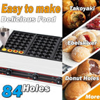 Takoyaki Maker Commercial Ebelskiver Pan 84 Holes Electric Grill Machine for Aebleskiver, Cake Pops, Pancake Balls, Donut Holes, 6000W, 110V