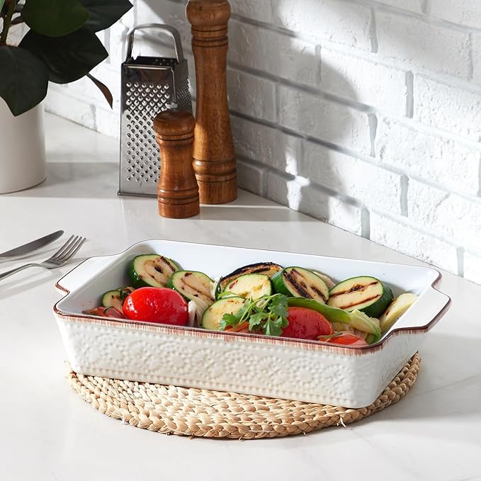 ONEMORE Casserole Dishes for Oven, Ceramic Baking Dish Set of 4, Non-Stick Lasagna Pans with Handles, Rectangular Bakeware Set for Cake, Roasting, Broiling, Gratin, Banquet, Microwave & Dishwasher Safe(3.8/2.6/1.7/1.1 Qt) (White 01)