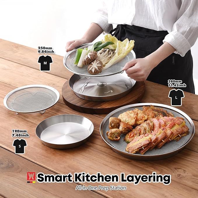 WAGENSTEIGER Stainless Steel Mesh Tray Set with Drip Pan, Air Fryer Basket and Tray, Kitchen Colander, Vegetable and Fruit Strainer, Food Filter, BBQ Prep Tool, Fruit Serving Dishes (11.42 inch)