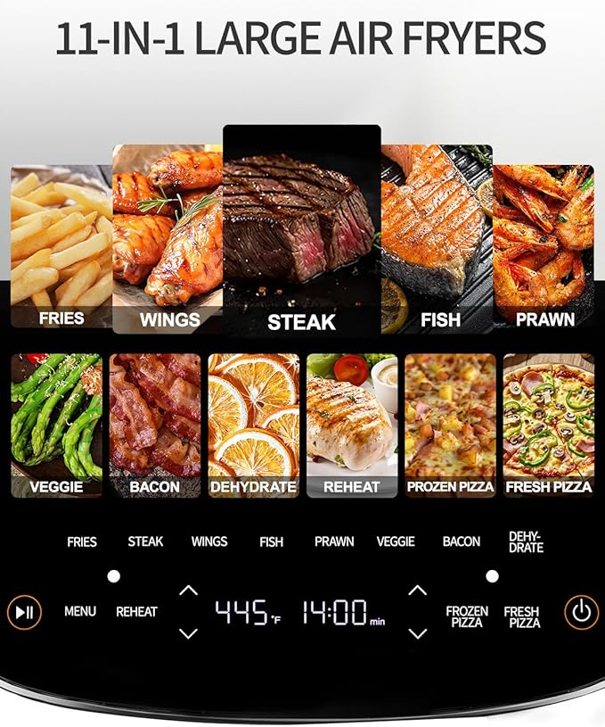 Large Air Fryer 6QT, 11-in-1 Fast Cooking Air Fryer with Top & Bottom Heating, No Flip Needed, Quiet 50dB, Family Size Digital Air Fryer for Healthy Meals, Fits a 12" Pizza or Steaks
