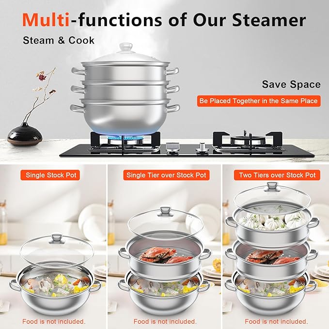 3-Tier Stainless Steel Steamer Pot, Large Capacity Food Steamer for Stove, Multi-Layer Stackable Cooking Steam Pot Kitchen Cookware with Glass Lid for Induction/Gas/Electric Stoves (12.8 Inch)