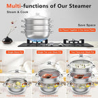 Steamer for Cooking, 3-Tier Stainless Steel Steamer Pot, 12.8 Inch Multipurpose Stackable Cooking Steam Pot Kitchen Cookware with Glass Lid for Induction, Gas, Electric Stoves