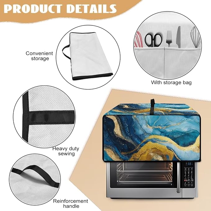 Marble Print Toaster Oven Dust Cover for Kitchen Counter, Heavy Duty Heat-resistant Microwave Oven Protective Cover Air Fryer Covers, Blue & Gold (Large-18.5 * 22.5 * 12.99 inches)