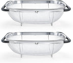 Suwimut 2 Pack Over the Sink Oval Colander for Kitchen, Stainless Steel Fine Mesh 6 Quart Strainer Basket with Expandable Rubber Grip Handles for Straining, Draining, Rinsing Fruits, Vegetables