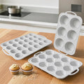 3Pcs Silicone Muffin Pan 6, 12 and 24 Cup with Metal Frame, Non Stick Jumbo Cupcake Pan with Handles, BPA Free Silicon Mini Muffin Tin Regular Tray For Baking,Egg Bites,Mold Light Grey