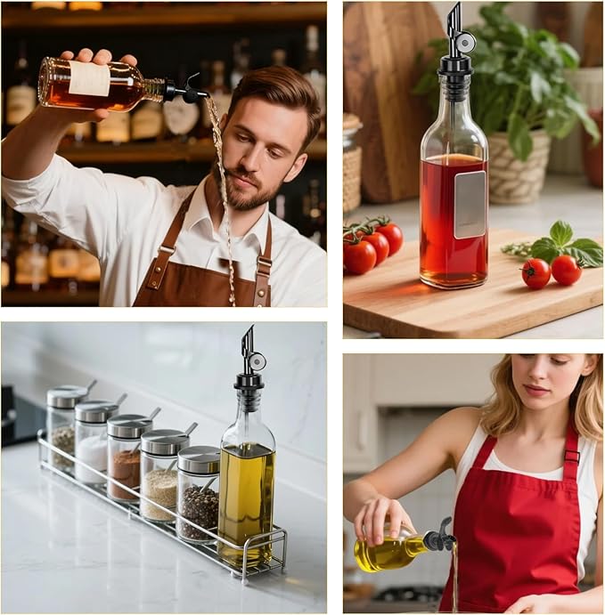 6 Pcs Auto Flip Liquor & Oil Pour Spout, 304 Stainless Steel Dispenser Spout for Olive Oil, Alcohol, Wine, Vinegar, Home & Bar Essential Tools, Black