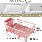 SNTD Dish Drying Rack - Small Dish Rack for Kitchen Counter, Stainless Steel Dish Drainer with Utensil Holder and Drainboard, 12.9" W x 16.9" L (Pink)