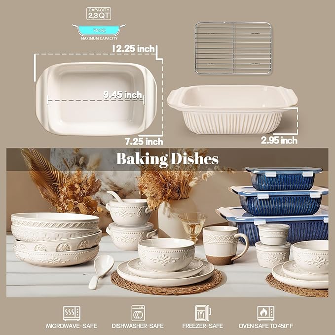 Artena Baking Dish 2.3 Quarts, Casserole Dishes For Oven, Baking Pan With Handles, Lasagna Pan Deep, Large Casserole Dish, Rectangular Ceramic Bakeware, White (Baking Dish With Rack)