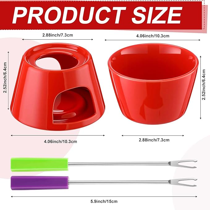 Mudder 8 Pcs Mini Fondue Pot Set with 32 Color Coded Forks Porcelain Tea Light Melting Mugs for Chocolate Cheese Dessert Small Fondue Pot Set for Christmas Valentine's Tapas Gifting (Red White)