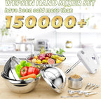 WEPSEN Hand Mixer Electric Mixing Bowls Set, 5 Speeds Handheld Mixer with 4 Nesting Stainless Steel Mixing Bowl, Measuring Cups Spoons 200W Kitchen Blender Whisk Beater Baking Supplies For Beginner