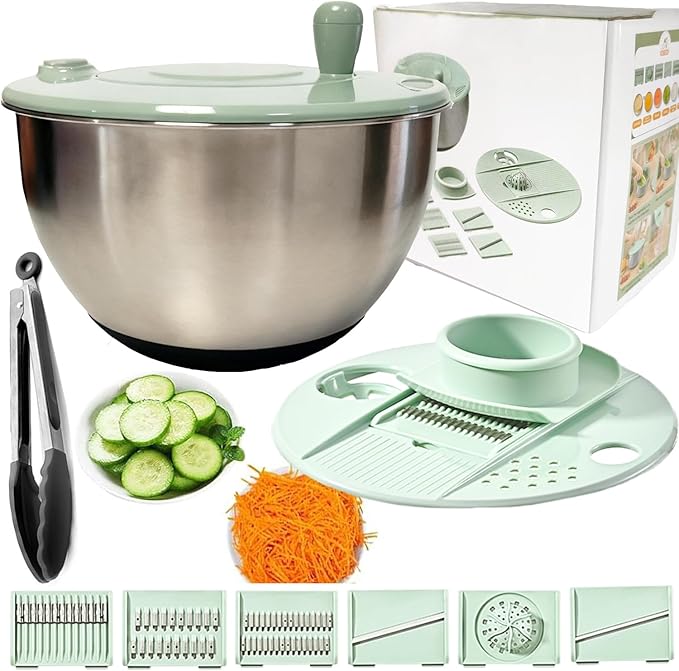 5 IN 1 Salad Spinner + Vegetable Chopper Peeler + Egg Yolk Separator, Large Lettuce Spinner Washer Dyer, with 5 Blades Slicer Cutter Veggie Chopper (304 Stainless Steel Bowl)