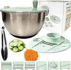 5 IN 1 Salad Spinner + Vegetable Chopper Peeler + Egg Yolk Separator, Large Lettuce Spinner Washer Dyer, with 5 Blades Slicer Cutter Veggie Chopper (304 Stainless Steel Bowl)