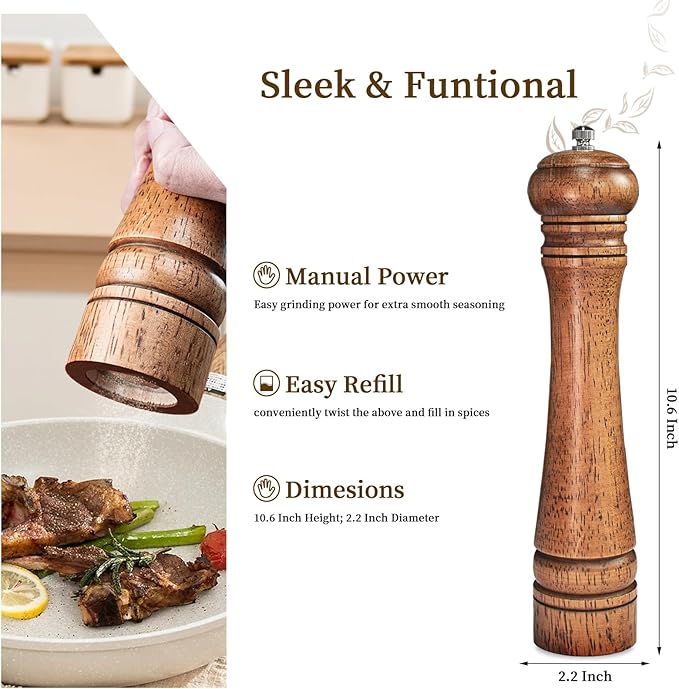 1 Pack - 10 Inch tall Wooden Pepper Mill or Salt Mill Elegan Pepper Grinder Wood with a Adjustable Ceramic Rotor and Easily Refillable - Oak Wood Salt Grinder for Your Kitchen