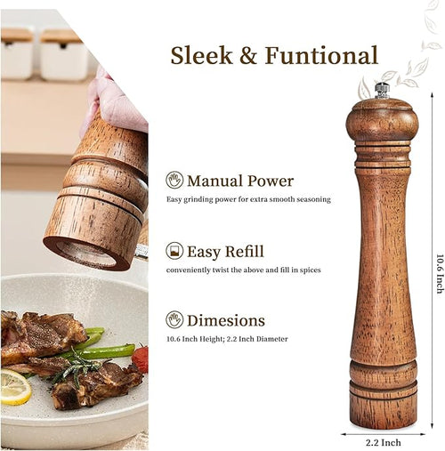 1 Pack - 10 Inch tall Wooden Pepper Mill or Salt Mill Elegan Pepper Grinder Wood with a Adjustable Ceramic Rotor and Easily Refillable - Oak Wood Salt Grinder for Your Kitchen