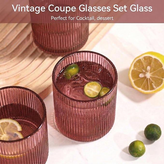 Physkoa Rose Red Ribbed Drinking Glasses Set of 6 – 9oz Vintage Red Glassware, Embossed Ribbed Tumbler Cups for Juice, Cocktail, Water, Iced Coffee