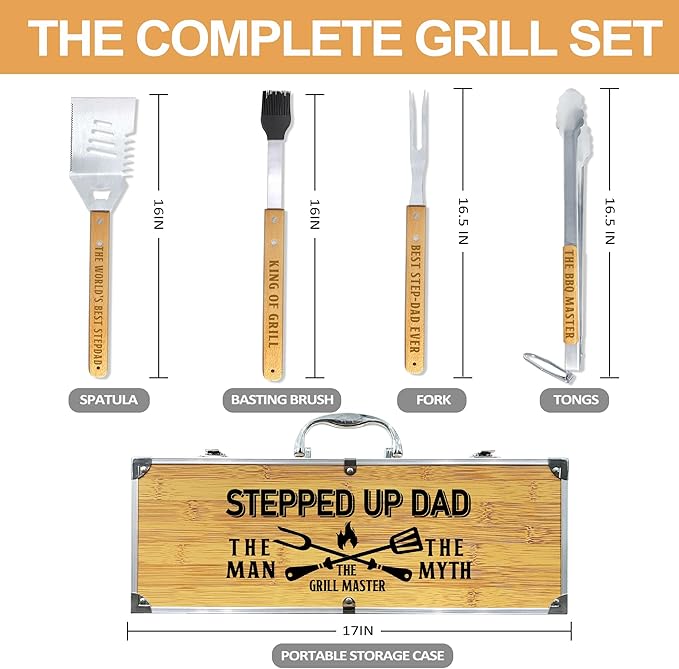 Step Dad Gifts from Daughter Christmas Heavy Duty Wooden BBQ Grilling Accessories Kit for Backyard, Thick Stainless Steel Grill Utensils with Non-Slip Handle Tools in Portable Bag Birthday