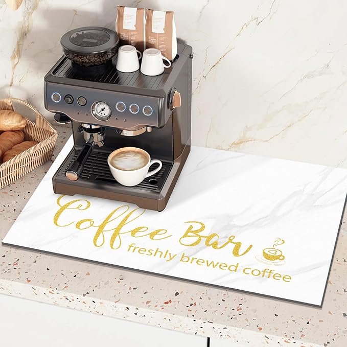Findosom Dish Drying Mat, 16"x 24" Super Absorbent & Hide Stain Coffee Mat, Cuttable Drying Mat for Kitchen Counter, Coffee Bar Accessories, Under Dish Rack, Coffee Maker, Espresso Machine, White