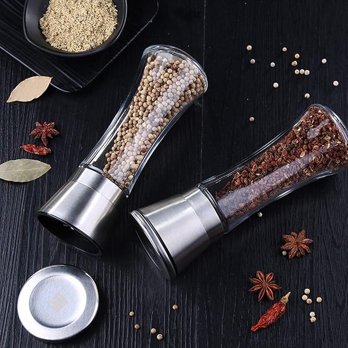 Elegant Pepper and Salt Grinder Set of 2, Best Spice Mill with Brushed Stainless Steel Cap, Ceramic Blades, Adjustable Coarseness, and Refillable Tall Glass Body with 6OZ Capacity (7.5").