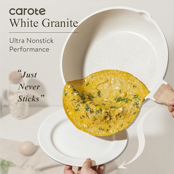 CAROTE 8 Inch Non Stick Frying Pan with Lid,White Granite Nonstick Skillet Omelet Pans, Egg Pan Granite Cookware, PFOS & PFOA Free