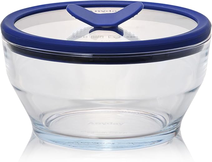 Anyday 4-Cup Glass Food Storage with Glass Lid, Round Deep Dish | Plastic-Free Meal Prep & Microwave Cookware | Stackable Airtight Storage Container with Vented Lid for Microwave-Safe Reheating