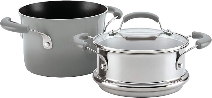Rachael Ray Brights Sauce Pot/Saucepot with Steamer Insert, 3 Quart, Two-Tone Sea Salt Gray