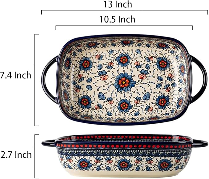 Vintage Style Pottery Bakeware Ceramic Casserole Dish Baking Pan Lasagna Pans Baking Dish with Handles for Oven/Cooking/Kitchen-1 PCS, Large Capacity, 60 OZ