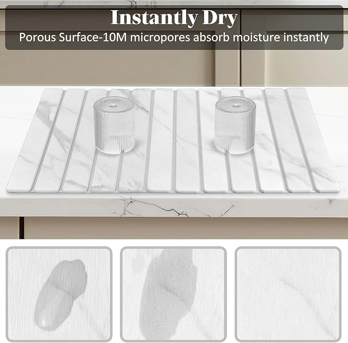 Large Stone Dish Drying Mats for Kitchen Counter, 28"(L)×16"(W) Marble-Pattern, Collapsible Quick Drying Dish Mats, Ultra Absorbent Diatomaceous Earth Mats for Dishes , Match Any Countertop