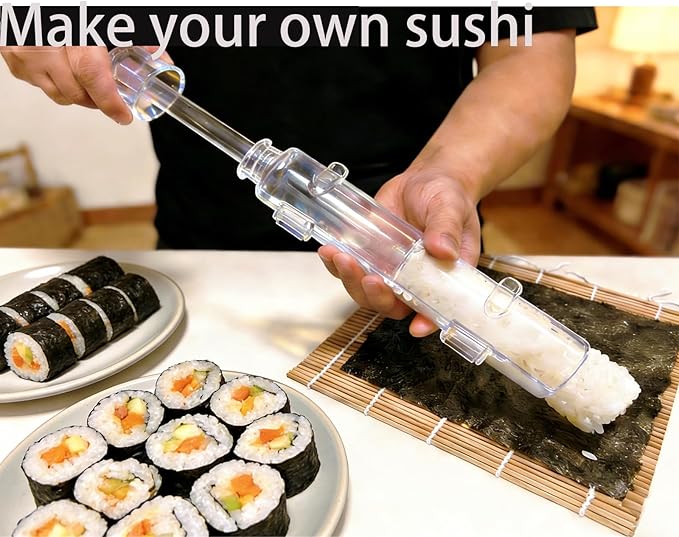 Sushi Making Kit – Clear Sushi Bazooka Roller & Bamboo Sushi Rolling Mat, Easy DIY Sushi Maker Tool Set for Beginners, Homemade Sushi Rolls for Kitchen & Party (Clear)