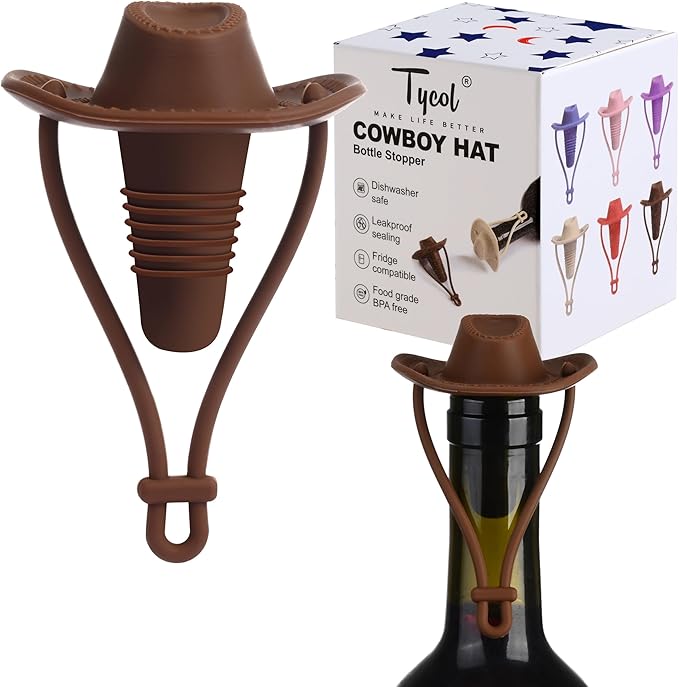Silicone Wine Stopper Cute Wine Accessories Reusable Sealing plug Fun Cowboy Hat bottle Seals keep wine fresh Gifts for Wine Collector replacement Corks (Brown)