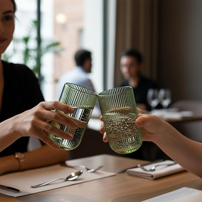 Set of 8 Ribbed Glassware,4 Highball Glasses 14oz & 4 Rocks Drinking Glasses 9oz, Green, Origami Style, Fluted Design, for Milk, Water, Cocktail, Juice, Beer, ToothBrush Cup, Gift