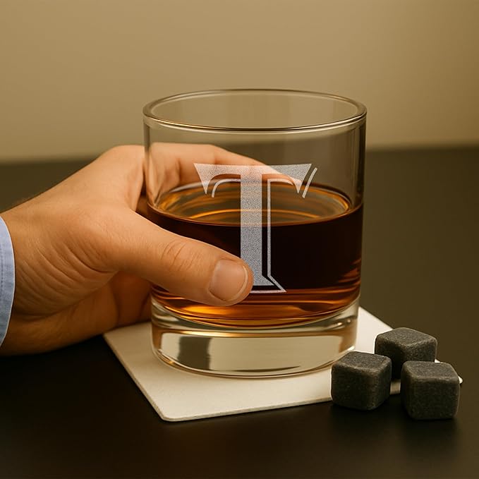 On The Rox (T-Monogram)- 4 Piece Set of 11 Ounce Engraved Heavy Base Rocks Glasses Elegant Glass-Multi-Purpose Beverage-Rocks Glass- Gift for any Occasion