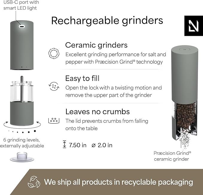 LARS NYSØM Electric Salt and Pepper Grinder Set I Automatic Salt and Pepper Mills with Adjustable Ceramic Grinder I USB Rechargeable Electric Spice Mill Set with LED Light (Ash Gray)