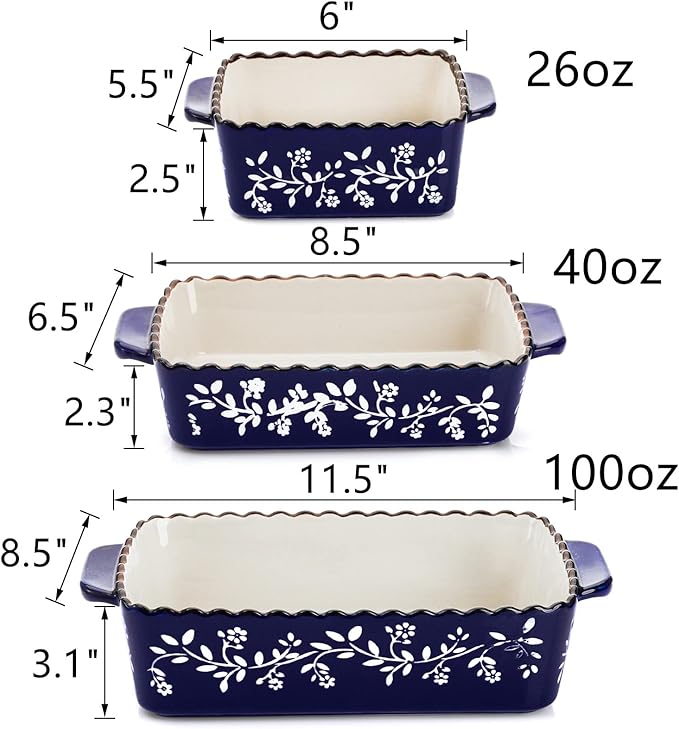 AVLA 3 Pack Ceramic Bakeware Set Porcelain Rectangular Baking Dish Lasagna Pans for Cooking Kitchen Casserole Dishes Cake Dinner 12 x 8.5 x 6 Inches of Baking Pans Banquet and Daily Use Cobalt Blue