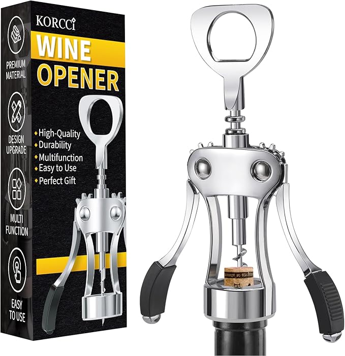 KORCCI Wine Opener, Heavy-Duty Zinc Alloy Wing Corkscrew, Premium Beer Bottle Opener, Multifunctional Wine Accessories with Ergonomic Handle and Sharp Screw, for Kitchen, Bar, Restaurant (BOX)