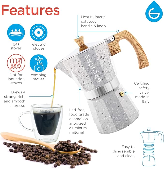GROSCHE Milano Moka pot, Stovetop Espresso maker, Greca Coffee Maker, Stovetop coffee maker and espresso maker percolator (Grey, 6 cup)
