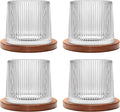 Rotatable Old Fashioned Glass, 275ml/10oz Crystal Whiskey Glass Set of 4, Wood Coaster, Thickening, Used as Rum Glass, Cocktail Cup, Coffee Cup, Milk Cup to Relax and Reduce Stress, Christmas gifts
