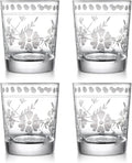 Joeyan Hand Blown Etched Drinking Glasses,Clear Water Glass Cups with Floral Pattern,Aesthetic Tumblers Glassware Set for Beverages Juice Cocktail Whiskey,9 oz,Set of 4,Dishwasher Safe