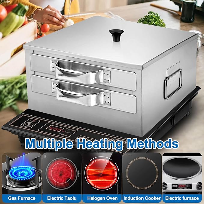 2-Layer Rice Noodle Roll Steamer, with Extra Steam Tray, Stainless Steel Top Open Rice Roll Steamer, for Home Use, Chinese Cheung Fun Cuisine Recipes Cookware, for Stove, Induction Cooktop