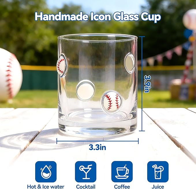 2 Pcs Handmade Baseball Icon Juice Glass Cup, Durable Heat-Resistant Glass, 14 oz Double Old Fashioned Drinking Glass Cup for Holiday Party Supplies Spring Gifts