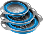 Collapsible Colander 3-Pack Set, Collapsible Strainers for Kitchen, Foldable Space-Saving Colander Strainer Set, Pasta Strainer for Vegetables & Fruits, Durable Non-Slip Strainers and Colanders (Blue)