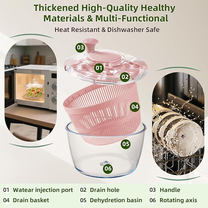 Good Grips Large 5.2 Qt Glass Salad Spinner Vegetable Dryer with Drain Dishwasher Safe with Transparent Lid Crank Handle Quick Spin Greens Washer for Lettuce Herbs Fruits Pink