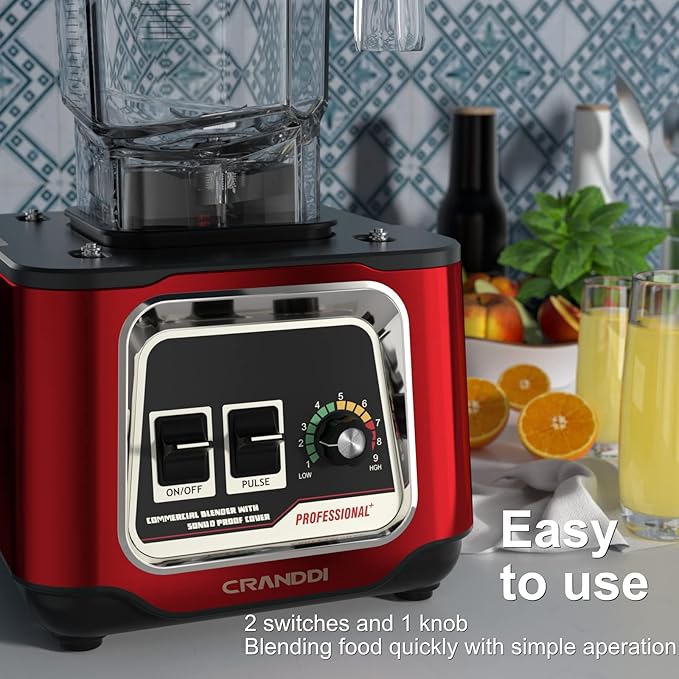 CRANDDI Commercial Blender, 2200W Countertop Blenders with Removable Shield, Quiet Smoothie Blender for Shakes and Ice Crushing, 52oz, 38000 RPM Professional Blenders for Kitchen, K80 (Red)