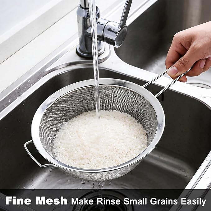 7.87" Fine Mesh Strainer Set with Sturdy Handle, Stainless Steel Sieve Flour Sifter, Kitchen Metal Colander for Rice, Quinoa, Pasta, Fruit, 2 Pack
