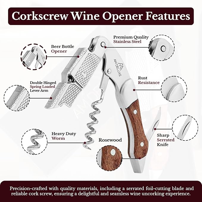 Waiters Corkscrew Wine Opener - Double-Hinged Fulcrum 3-In-1 Cork Screw Wine Bottle Opener Heavy Duty Stainless Steel & Classic Rosewood. Serrated Foil Cutter. Beer Opener. Magnetic Gift Box