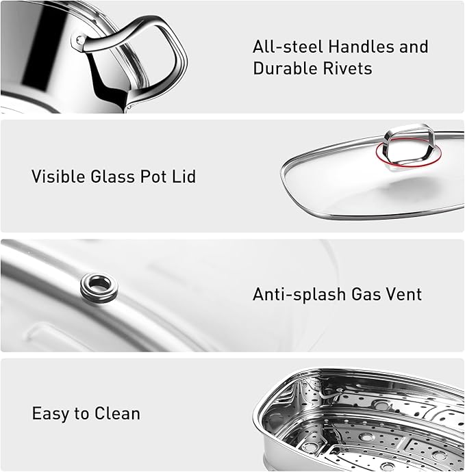 Eglaf 2-Tier Stainless Steel Fish Steamer - Multi-Use Square Steaming Cookware with Rack, Ceramic Plate, Chuck, Oven Mitts - Stockpot for Steaming Fish, Boiling Soup