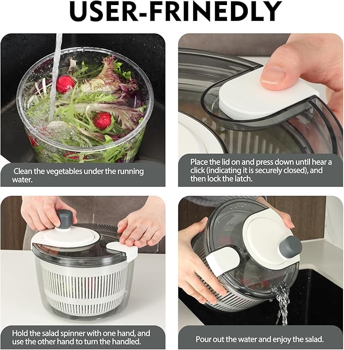 Ourokhome Salad Spinner Lettuce Dryer, Hand-crank Rotary Vegetable Dryer Veggie Washer with Transparent Bowl and Colander for Greens, Herb, Berry, Fruits, Macaroni, 2.8 QT, White