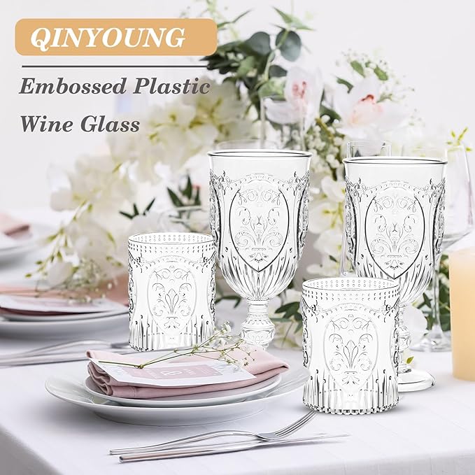 Qinyoung 24 Plastic Vintage Drinking Glasses 8.5oz Stemless Retro Embossed Wine Glasses Shatterproof Reusable Cups for Baby Shower Wedding Reception Grand Event Party (Clear)