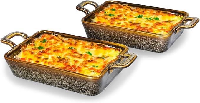 7 x 4 Au Gratin Baking Dishes for Oven Safe and Microwave Cooking and Baking, 2 piece, Heat Resistant Ceramic with Handles for Serving, Small Casserole Dish Set for 1 or 2 person servings, Brown