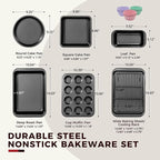 KITESSENSU Baking Pans Sets, Nonstick Bakeware Sets 19-Piece with Round/Square Cake Pan, Loaf Pan, Muffin Pan, Cookie Sheet, Roast Pan, Cooling Rack, Carbon Steel Bake Set