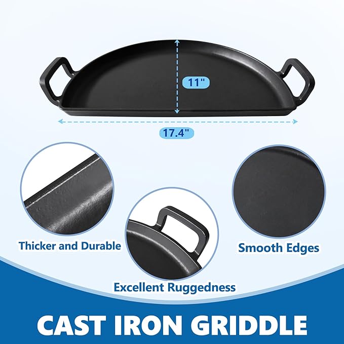 SafBbcue Cast Iron Half Moon Griddle Pan for Weber 22" Kettle Charcoal Grill Parts, Half Moon Cooking Grate for Slow n Sear, VEVOR, Kamado, Big Green Egg 22" Charcoal Kettle Grill Accessories